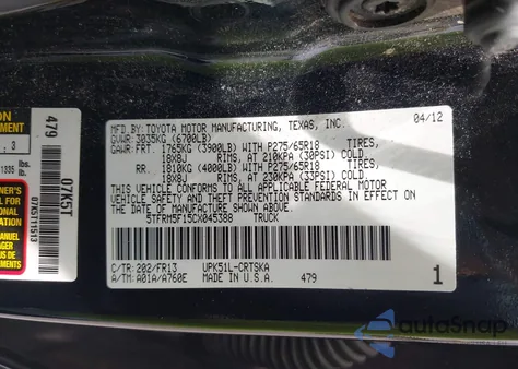 2012 Toyota Tundra Grade 4.6L V8 from USA, damaged, VIN 5TFRM5F15CX045388